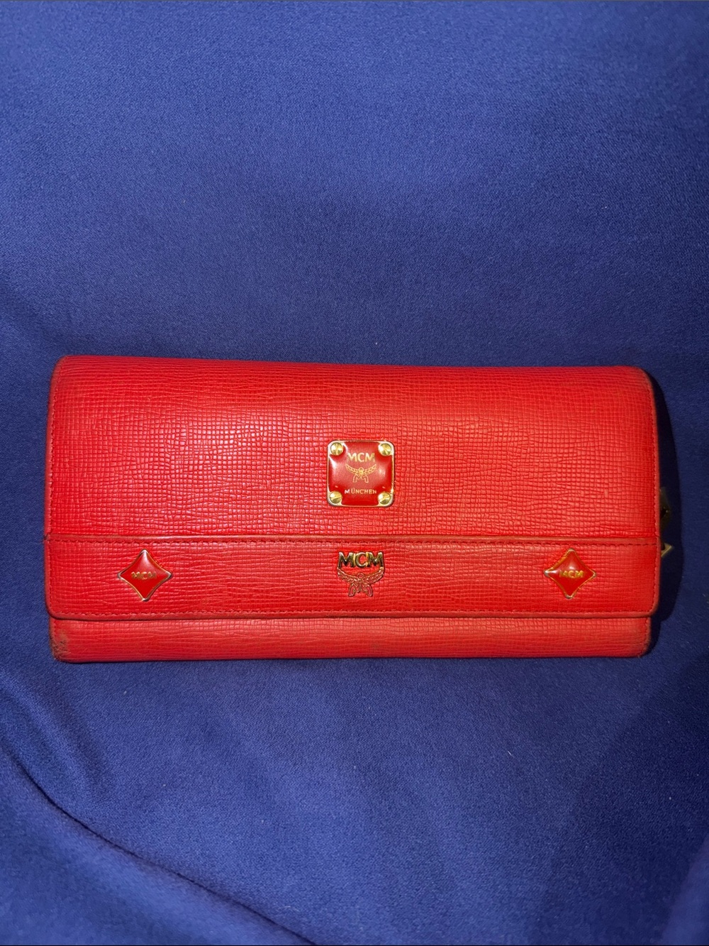 MCM Red Continental Saffiano Leather Wallet with Gold Plaque